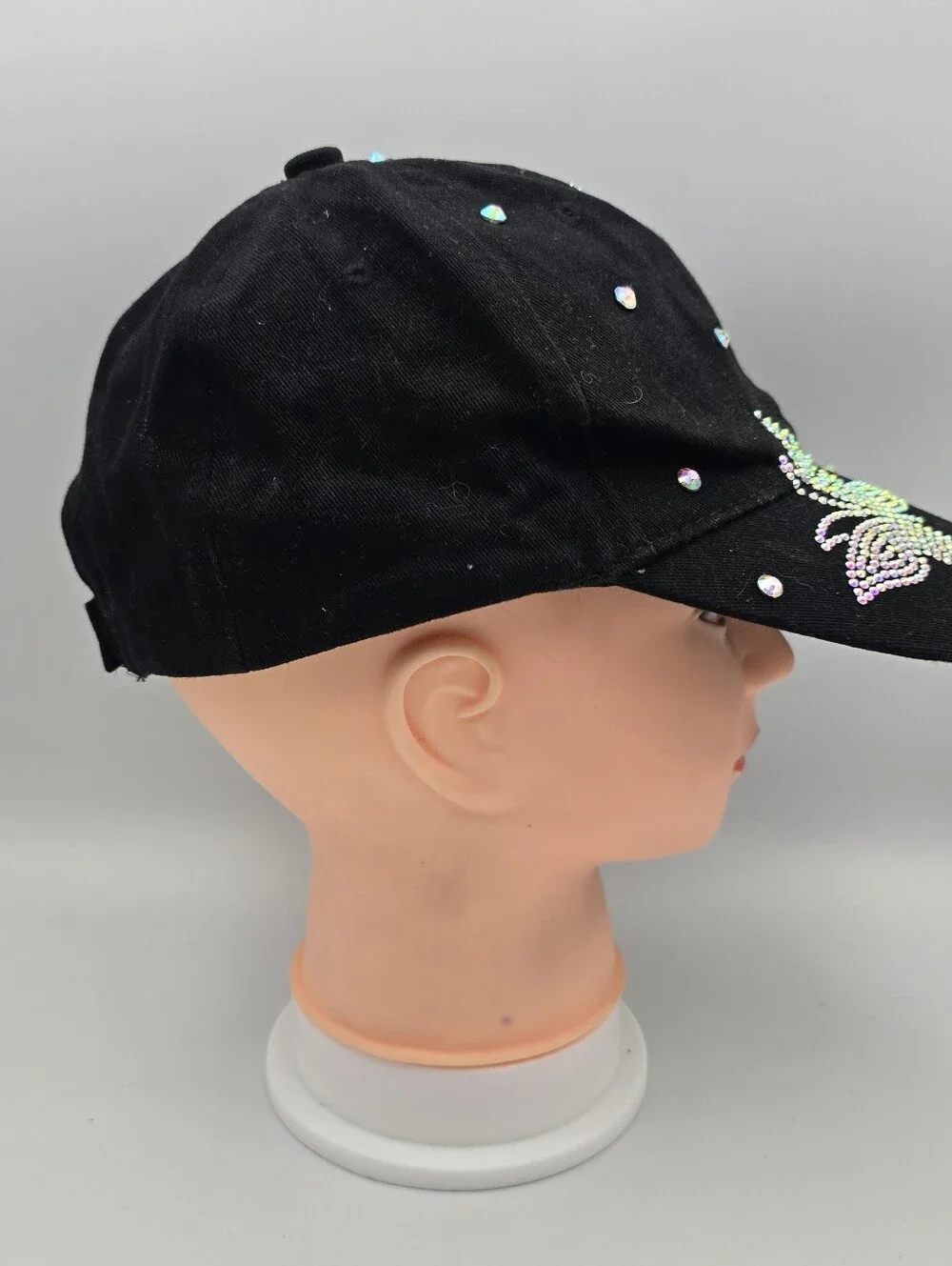 Women's Black Cotton Rhinestone Butterfly Adjustable Baseball Hat